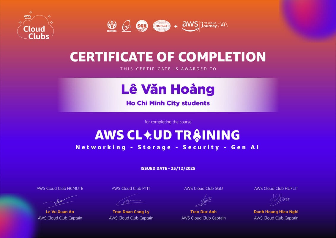AWS Cloud Training - Networking, Storage, Security, Gen AI certificate issued by AWS Cloud Club
